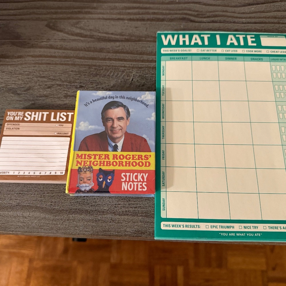 Whimsical 3 Pack: Magnetic Weekly Food Log, Shit List stickies, New Mr. Rogers